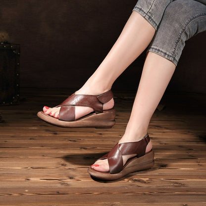 Kintara Wedge Sandals Khaki/Coffee Leather Platforms X-Strap Sandals