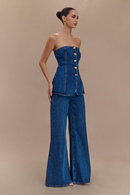 Veltrix Strapless Long Line Button Top - Dark Blue
