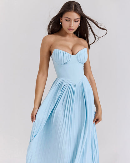 Erisca — Ocean Blue Pleated Maxi Dress with Structured Bodice