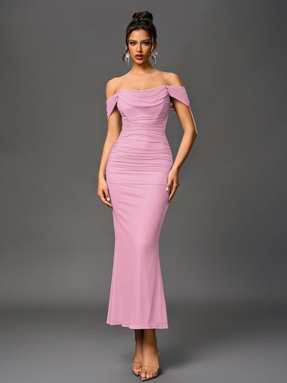 Vexira Off Shoulder Ruched Zipper Back Bodycon Dress