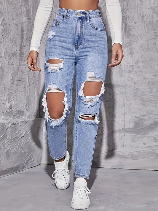 Maren Distress — High-Rise Straight Leg Denim Jeans