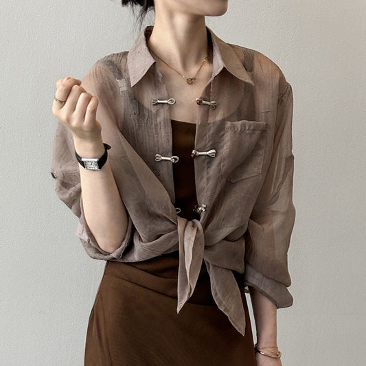 Jorenia — Lightweight Chiffon Wrap Shirt with Frog-Knot Front