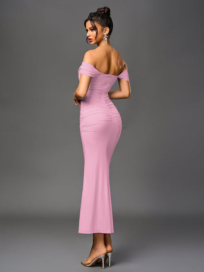 Vexira Off Shoulder Ruched Zipper Back Bodycon Dress