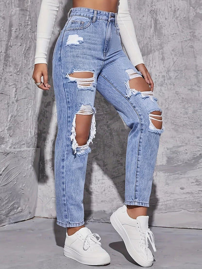 Maren Distress — High-Rise Straight Leg Denim Jeans