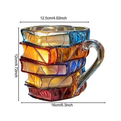 Aleron — 3D Acrylic Book Stack Coffee Mug with Stained-Glass Design