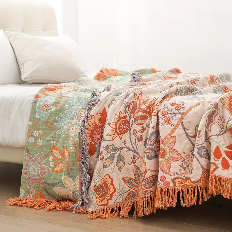 Liora — Boho Floral Cotton Throw Blanket with Textured Fringe