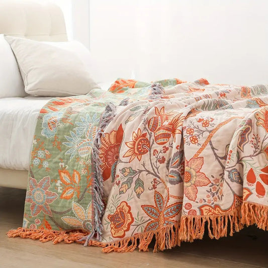 Liora — Boho Floral Cotton Throw Blanket with Textured Fringe